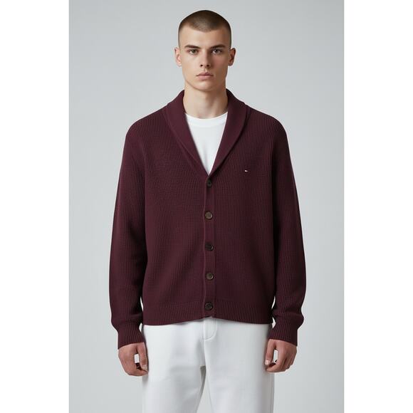 Tommy Hilfiger Burgundy Shawl Collar Knit Cardigan - XL - Picture 2 of 6